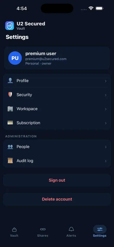 The settings screen on iPhone, showing profile, security and workspace