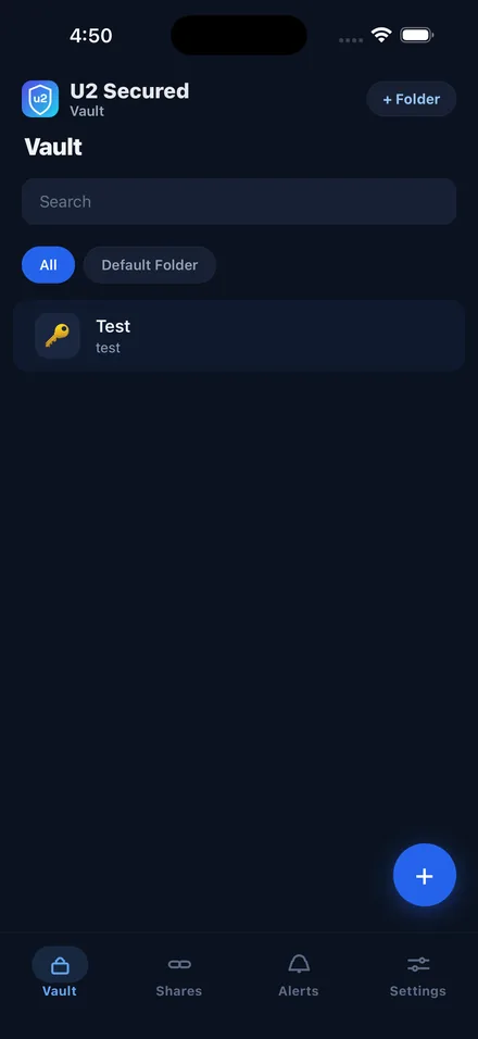 The vault list on iPhone, with search and folders